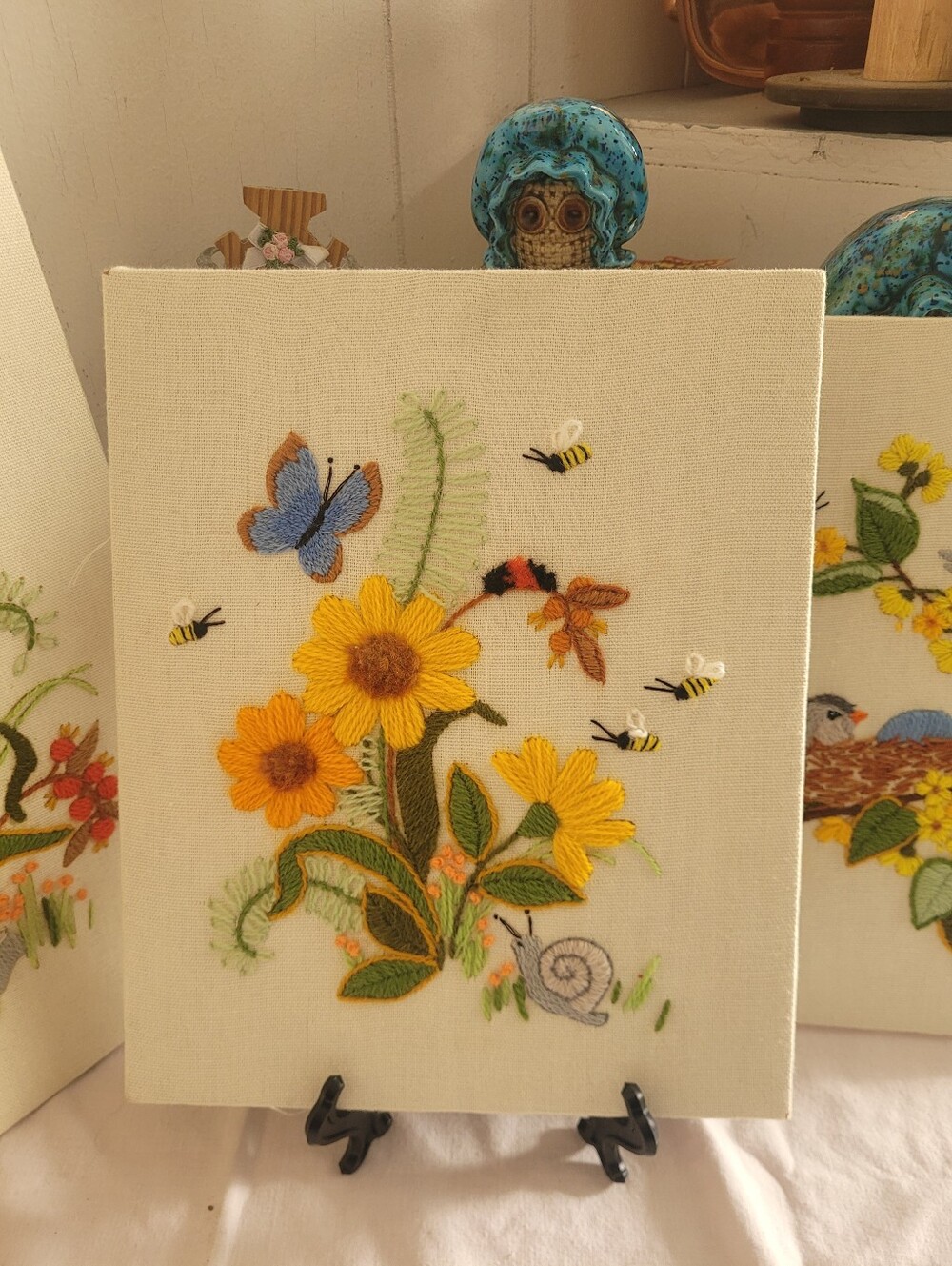 Vintage 1970s Sunflower Crewel Embroidery Art - Butterfly, Bees & Snail - Retro